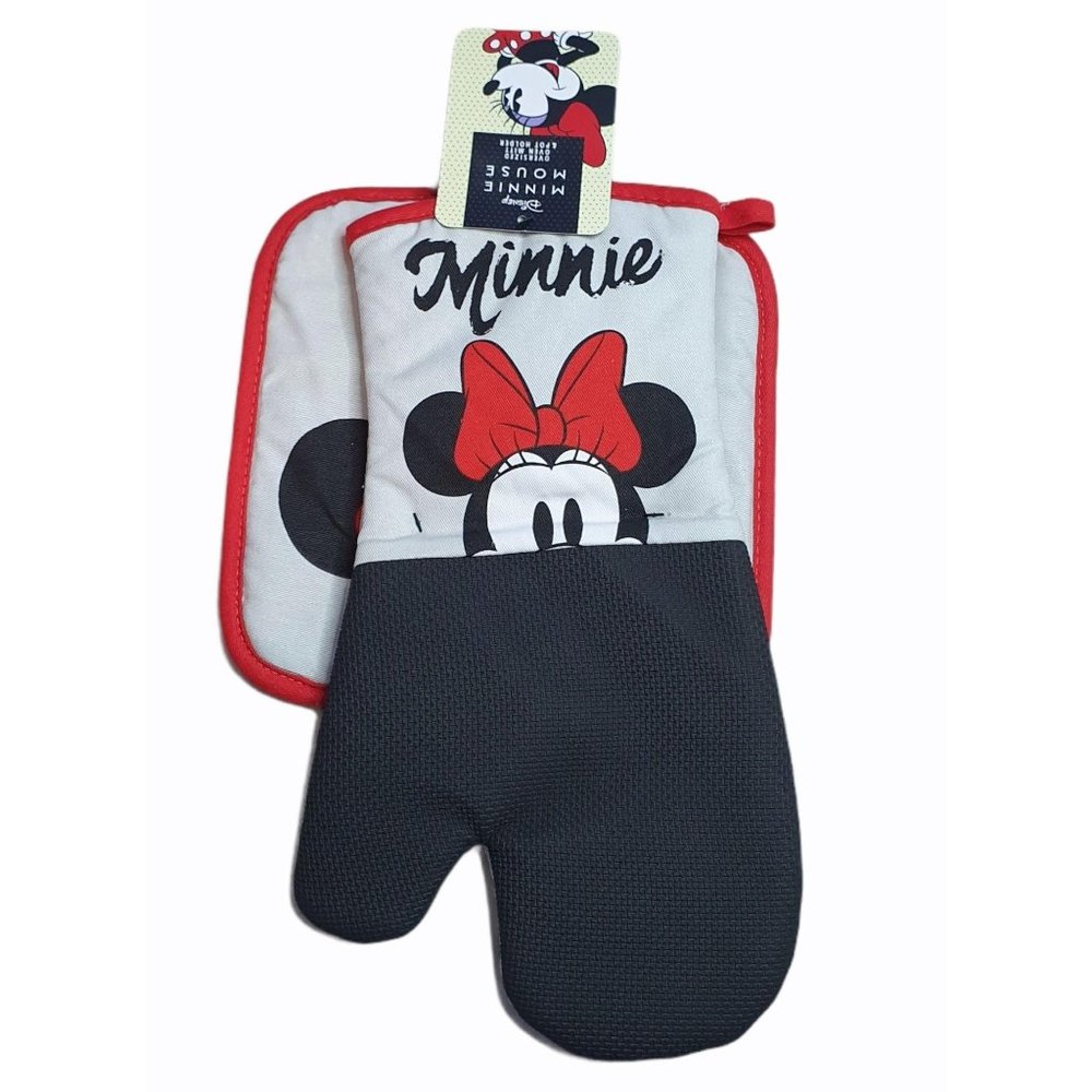 Disney Mickey Minnie Mouse Over Sized Oven Mitt and Pot Holder Gray Red Black